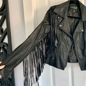 Faux Black Leather Fringed Jacket